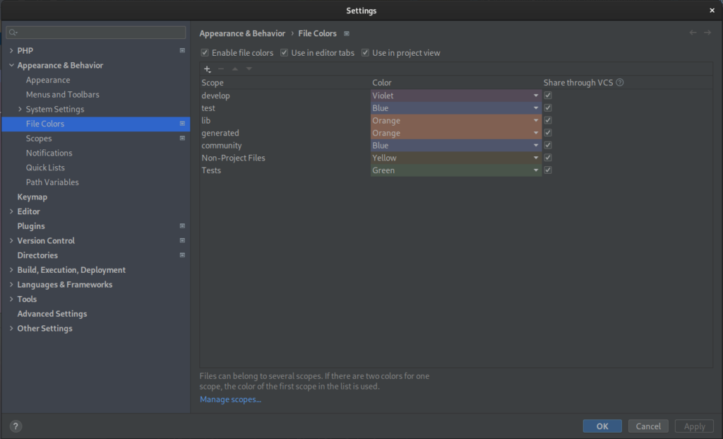 File | Settings | Appearance & Behavior | File Colors