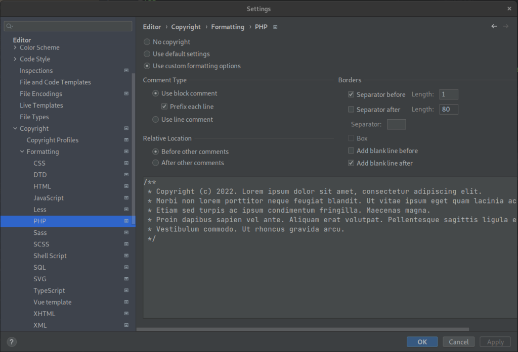 File | Settings | Editor | Copyright | Formatting | PHP