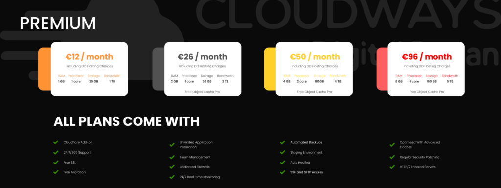 Cloudways premium pricing plans